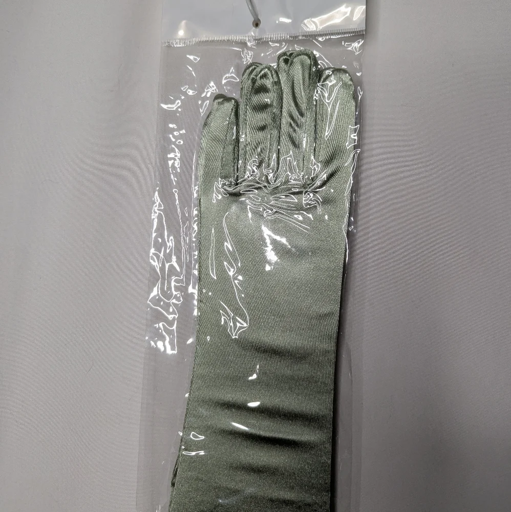 New Womens Sage Green Satin Semi Shiny Evening Bridesmaid Gloves One Size
